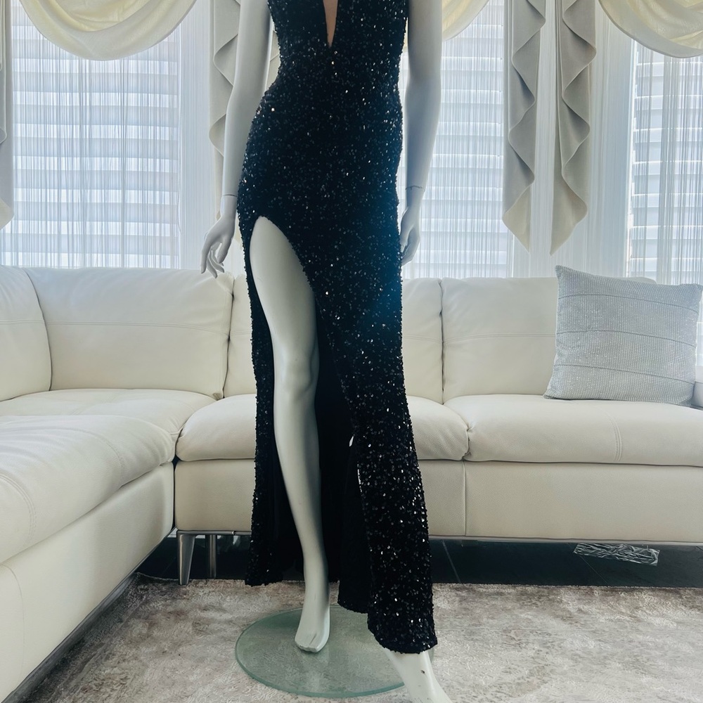 Elegant Black Sequin Tube Split Thigh Evening Gown Dress